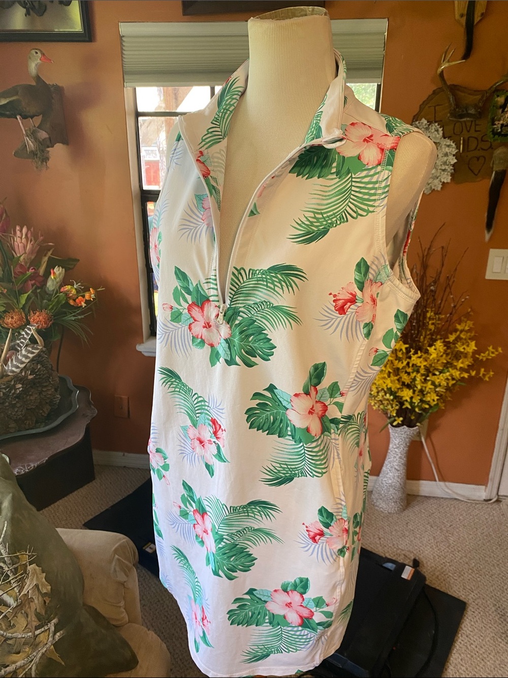 TOMMY BAHAMA White Tropical Floral Zip-Front Sleeveless Dress